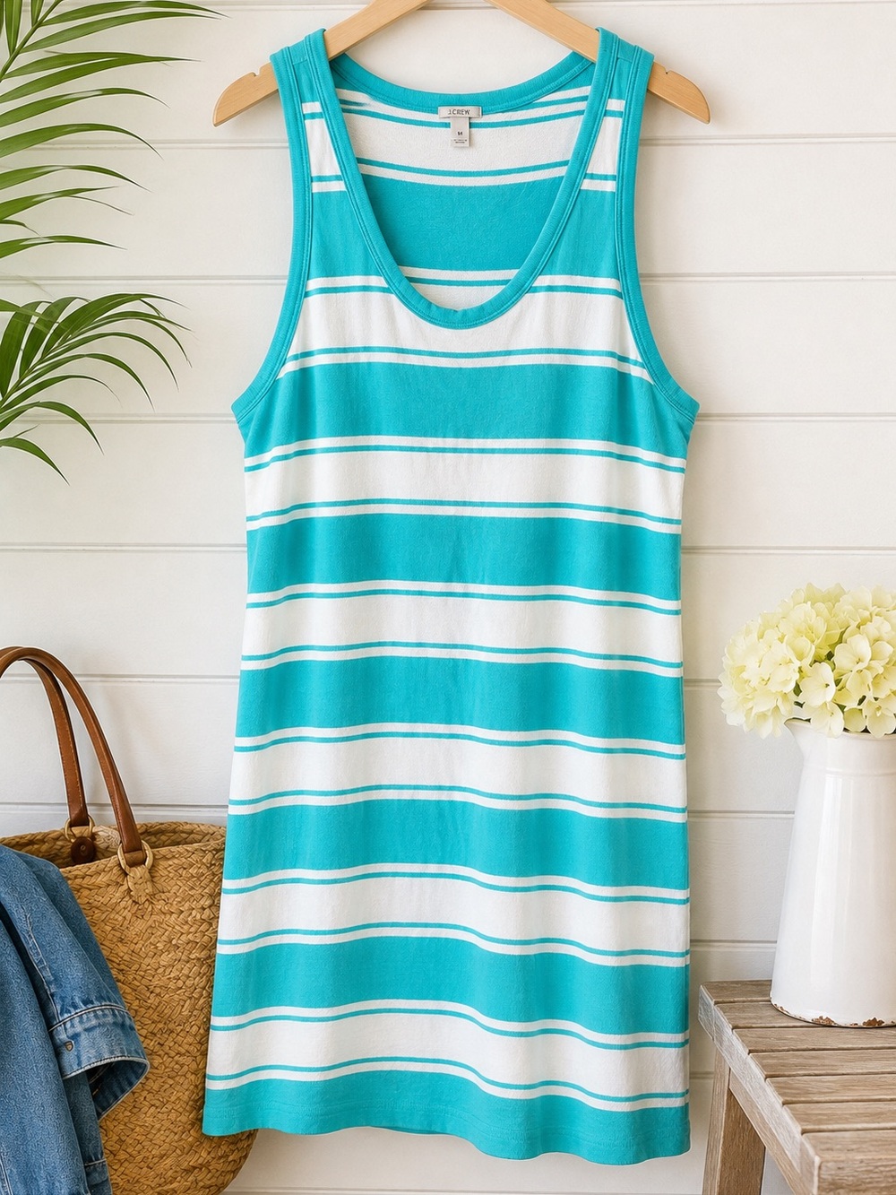 J.Crew Medium 100% Cotton Turquoise White Striped Tank Dress Sleeveless